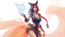 Rule 34 | 1girl, ahri (league of legends), alternate color, alternate costume, alternate hair color, animal ears, arm wrap, armor, armpits, artist name, bell, blue fire, boots, braid, breasts, brown eyes, cleavage, clothing cutout, collar, cowboy shot, ewalabak, facial mark, faulds, fire, fireball, fox ears, fox tail, foxfire ahri, hair ornament, highres, jingle bell, large breasts, league of legends, lips, long hair, looking down, magic, mozilla firefox, multiple tails, neck bell, orange eyes, parted lips, pauldrons, pelvic curtain, red hair, rope, shoulder armor, side cutout, simple background, solo, tail, vambraces, very long hair, wallpaper, whisker markings, white background, white hair, wrist wrap