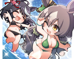 alternate_hairstyle animal_ears beach black_hair blurry blurry_background blush breasts brown_hair cleavage closed_eyes collarbone commentary_request commission hair_between_eyes hair_ornament horse_ears horse_girl horse_tail jewelry kitasan_black_(umamusume) large_breasts long_hair medium_hair necklace ocean satono_diamond_(umamusume) skeb_commission sparkle tail umamusume warashi water