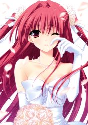 Rule 34 | 1girl, ;d, absurdres, bouquet, breasts, cleavage, dress, elbow gloves, flower, gloves, highres, jewelry, necklace, one eye closed, open mouth, pearl necklace, petals, r g b, red eyes, red hair, shiki asahi, smile, suzuhira hiro, two side up, wedding dress, wink