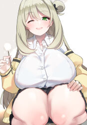 Rule 34 | 1girl, akitokage, black skirt, blonde hair, blue archive, blush, breasts, buttons, collared shirt, dress shirt, fingernails, green eyes, hair bun, highres, huge breasts, jacket, lap pillow invitation, lips, long hair, long sleeves, looking at viewer, mimikaki, nonomi (blue archive), off shoulder, one eye closed, open clothes, open jacket, open mouth, shirt, sidelocks, single hair bun, single side bun, sitting, skirt, smile, solo, swept bangs, teeth, thick thighs, thighs, upper teeth only, wariza, white shirt, yellow jacket
