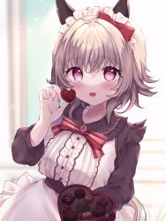 Rule 34 | 1girl, absurdres, animal ears, apron, blurry, blurry background, blush, bow, bowtie, box, breasts, candy, center frills, chocolate, chocolate heart, curren chan (umamusume), food, frills, grey hair, hair bow, heart, heart-shaped box, highres, holding, holding box, holding chocolate, holding food, horse ears, horse girl, horse tail, incoming food, large breasts, long sleeves, looking at viewer, maid headdress, open mouth, purple eyes, red bow, satou shio@co, short hair, smile, solo, tail, umamusume, upper body, valentine, waist apron, white apron