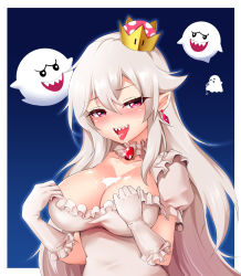 Rule 34 | 1girl, absurdres, bad id, bad pixiv id, bloody0rabby, blush, boo (mario), breasts, brooch, cleavage, collarbone, crown, detached collar, dress, earrings, frilled dress, frilled gloves, frills, ghost, gloves, hair between eyes, highres, jewelry, large breasts, long hair, looking at viewer, luigi&#039;s mansion, mario (series), new super mario bros. u deluxe, nintendo, open mouth, pointy ears, princess king boo, puffy short sleeves, puffy sleeves, red eyes, saliva, sharp teeth, short sleeves, super crown, teeth, tongue, tongue out, upper body, white dress, white gloves, white hair