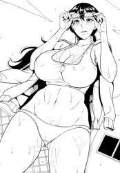 Rule 34 | 1girl, breasts, cleavage, goggles, greyscale, huge breasts, jacket, maimu, monochrome, solo, swimsuit, wet