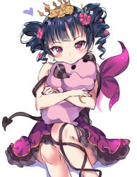 Rule 34 | 1girl, absurdres, alternate hairstyle, ankle lace-up, black nails, black ribbon, blue hair, blush, bridal garter, child, cross-laced footwear, crown, demon tail, dress, drill hair, flower, hair flower, hair ornament, hair stick, heart, highres, looking at viewer, love live!, love live! school idol festival, love live! sunshine!!, nail polish, hugging object, pink flower, purple eyes, ribbon, simple background, sitting, solo, strap slip, stuffed animal, stuffed sheep, stuffed toy, tail, tem10, tsushima yoshiko, twin drills, white background, white flower
