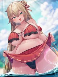 Rule 34 | 1girl, ahoge, akai haato, akai haato (hololive summer 2019), aqua eyes, beach, bikini, bikini skirt, blonde hair, blue sky, blurry, blurry background, blush, breasts, cleavage, cloud, curvy, day, fang, gluteal fold, hair between eyes, hair ornament, heart, heart hair ornament, highres, hololive, huge breasts, large breasts, long hair, looking at viewer, magowasabi, navel, open mouth, outdoors, plump, red bikini, red ribbon, ribbon, signature, skin fang, skirt, sky, smile, solo, standing, summer, swimsuit, thick thighs, thighs, underboob, very long hair, virtual youtuber, wading, wet, wide hips