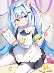 Rule 34 | 1girl, ahoge, android, armband, bandaid, bandaid on arm, barcode, blue eyes, blue hair, blush, character request, clipboard, collared dress, commentary request, crayon, dress, hair between eyes, hair ornament, hairclip, hat, head tilt, heart, heart print, heterochromia, highres, joints, light smile, long hair, looking at viewer, masayo (gin no ame), nurse cap, pantyhose, qr code, robot joints, rubber duck, safety pin, sitting, solo, syringe, twintails, wariza, white pantyhose, yellow eyes