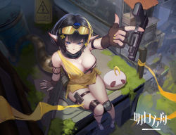Rule 34 | 1girl, absurdres, arknights, armband, bare shoulders, black gloves, black hair, blue eyes, blue hairband, breasts, chinese commentary, cleavage, commentary request, copyright name, eunectes (arknights), fingerless gloves, gloves, goggles, goggles on head, gun, hairband, handgun, highres, huge filesize, knee pads, large breasts, looking at viewer, partial commentary, pistol, pointy ears, pouch, short hair, single strap, sitting, snake tail, solo, tail, thigh strap, thighs, weapon, zhoudabai fensno