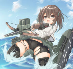 Rule 34 | 1girl, armor, bike shorts, black shorts, blue sky, bow (weapon), breastplate, brown eyes, brown hair, cloud, commentary request, crossbow, grey skirt, headband, headgear, kantai collection, kasashi (kasasi008), machinery, shorts, shorts under skirt, skirt, sky, solo, splashing, taihou (kancolle), torn clothes, water, weapon