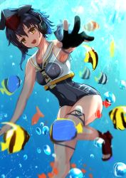 Rule 34 | 10s, 1girl, :d, asymmetrical hair, black gloves, black hair, fish, gloves, headphones, highres, i-14 (kancolle), kamome donburi, kantai collection, one-piece swimsuit, open mouth, partially fingerless gloves, sailor collar, sailor shirt, school swimsuit, shirt, short hair, sleeveless, sleeveless shirt, smile, solo, swimsuit, underwater, white sailor collar, yellow eyes