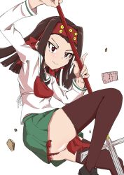 Rule 34 | 1girl, artist name, black footwear, black neckerchief, blouse, bob (you-u-kai), brown eyes, brown hair, brown thighhighs, closed mouth, commentary request, fundoshi, girls und panzer, green skirt, headband, holding, holding polearm, holding spear, holding weapon, japanese clothes, legs, loafers, long hair, long sleeves, looking at viewer, miniskirt, muneate, neckerchief, ooarai school uniform, pleated skirt, polearm, red headband, saemonza (girls und panzer), school uniform, serafuku, shirt, shoes, signature, simple background, skirt, smile, solo, spear, standing, thighhighs, unusually open eyes, weapon, white background, white shirt