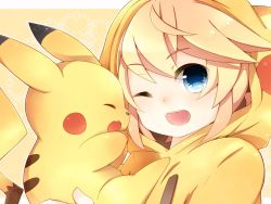 Rule 34 | 1boy, ;d, artist request, blonde hair, cosplay, creatures (company), closed eyes, game freak, gen 1 pokemon, hair between eyes, hood, hoodie, kagamine len, looking at viewer, male focus, nintendo, one eye closed, open mouth, outstretched arms, pikachu, pikachu (cosplay), pokemon, smile, vocaloid, wink