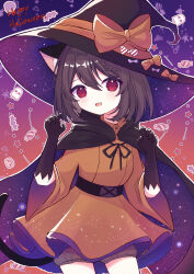 Rule 34 | 1girl, absurdres, animal ears, belt, bloomers, bow, braid, brown hair, cat ears, cat girl, cat tail, claw pose, cloak, collared dress, commentary, cowboy shot, dress, fang, future c0v0c, gloves, halloween, happy halloween, hat, hat bow, highres, hood, hooded cloak, looking at viewer, open mouth, original, red eyes, short hair, solo, tail, underwear, wide sleeves, witch, witch hat