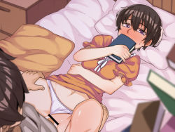 Rule 34 | 10s, 1boy, 1girl, bed, blush, bokura wa minna kawaisou, book, book stack, brown hair, censored, clothes lift, clothing aside, covering own mouth, cum, cum in pussy, dress, dress lift, falling, full-face blush, hetero, holding, holding book, kawai ritsu, looking at another, lying, missionary, navel, on back, on bed, orange dress, panties, panties aside, pillow, puffy short sleeves, puffy sleeves, purple eyes, sex, short hair, short sleeves, solo focus, sweatdrop, underwear, vaginal, white panties, yumoteliuce