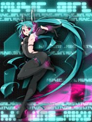 Rule 34 | 1girl, aqua hair, armpits, character name, elbow gloves, gloves, hatsune miku, headset, high heels, long hair, myutsusama, outstretched arm, red eyes, solo, twintails, very long hair, vocaloid