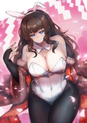 Rule 34 | 1girl, animal ears, arm behind back, assault lily, bare shoulders, black gloves, black pantyhose, blush, breasts, bridal gauntlets, brown hair, brown kimono, cleavage, closed mouth, commentary request, covered navel, cowboy shot, detached collar, elbow gloves, fake animal ears, falling petals, floral print, fur-trimmed kimono, fur trim, gloves, gradient background, hairband, hand up, highres, hundred brazil, japanese clothes, kaede johan nouvel, kimono, large breasts, leotard, long hair, long sleeves, looking at viewer, off shoulder, open clothes, open kimono, pantyhose, petals, pink background, playboy bunny, print kimono, rabbit ears, shide, sidelocks, sitting, smile, solo, strapless, strapless leotard, two-tone background, very long hair, white background, white hairband, white leotard