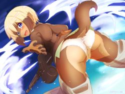 Rule 34 | 1girl, animal ears, ass, blush, cameltoe, cleft of venus, dog ears, dog girl, dog tail, erica hartmann, furrification, furry, furry female, looking at viewer, looking back, ooba jun, panties, smile, solo, strike witches, tail, underwear, white panties, world witches series