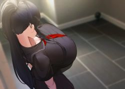 Rule 34 | absurdres, black hair, black sailor collar, black serafuku, black shirt, blurry, blurry background, breasts, cleavage, collarbone, commentary request, glasses, highres, huge breasts, long hair, looking away, nape, nicorima, original, ponytail, red neckwear, sailor collar, school uniform, serafuku, shirt, short sleeves, sidelocks, solo, standing, taut clothes, taut shirt, tile floor, tiles
