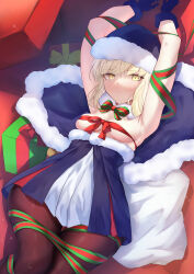Rule 34 | 1girl, absurdres, armpits, arms up, artoria pendragon (all), artoria pendragon (fate), bare shoulders, blonde hair, blue capelet, blue gloves, blush, bow, bowtie, breasts, breasts out, capelet, christmas, christmas present, clothes pull, dress, dress pull, expressionless, fate/grand order, fate (series), fur-trimmed capelet, fur-trimmed dress, fur-trimmed headwear, fur trim, gift, gloves, hat, highres, knees up, looking at viewer, lying, no bra, okuma707, on back, pantyhose, ribbon bra, saber alter, santa alter, santa hat, skindentation, small breasts, solo, staring, yellow eyes