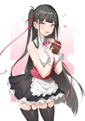 Rule 34 | 1girl, apron, asymmetrical hair, bad id, bad pixiv id, black hair, black skirt, black thighhighs, blunt bangs, blush, chocolate, collared shirt, commentary, english commentary, flying sweatdrops, food, garter straps, hair ribbon, heart, highres, holding, holding food, long hair, looking at viewer, luse maonang, mole, mole under eye, necktie, open mouth, original, outside border, pink background, purple eyes, red necktie, red ribbon, ribbon, shirt, side ponytail, skindentation, skirt, sleeveless, sleeveless shirt, solo, standing, thighhighs, two-tone background, valentine, very long hair, white apron, white background, white shirt, wrist cuffs, yuuki imouto