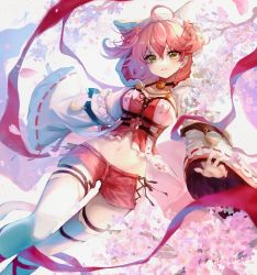 Rule 34 | 1girl, ahoge, armband, belt, belt buckle, breasts, buckle, cherry blossom print, cherry blossoms, cleavage, closed mouth, detached sleeves, feet out of frame, floral print, green eyes, groin, hair between eyes, hair ornament, hairclip, highres, hololive, kyogoku-uru, light smile, looking at viewer, medium breasts, medium hair, midriff, navel, nontraditional miko, one side up, petals, pink hair, sakura miko, sakura miko (work), sleeves past wrists, solo, thighhighs, virtual youtuber, wide sleeves