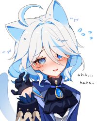 Rule 34 | 1girl, absurdres, ahoge, animal ears, ascot, black gloves, blue gemstone, blue hair, blue jacket, brooch, cat ears, cat girl, cat tail, drop-shaped pupils, furina (genshin impact), gem, genshin impact, gloves, hair between eyes, highres, jacket, jewelry, li nauu, light blue hair, long hair, long sleeves, looking at viewer, mismatched pupils, multicolored hair, open mouth, smile, solo, symbol-shaped pupils, tail, white hair