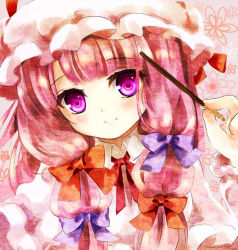 Rule 34 | 1girl, blush, bow, crescent, dress, female focus, food, hair ribbon, hat, long hair, looking at viewer, patchouli knowledge, pocky, puracotte, purple eyes, purple hair, ribbon, smile, solo, touhou