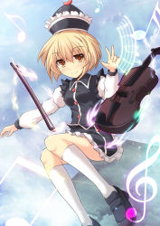 Rule 34 | 1girl, beamed quavers, blonde hair, bow (music), brown eyes, cross (crossryou), hat, instrument, juliet sleeves, long sleeves, looking at viewer, lunasa prismriver, miniskirt, musical note, puffy sleeves, quaver, shirt, skirt, skirt set, smile, solo, staff (music), touhou, treble clef, vest, violin