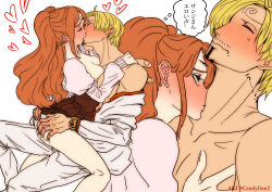 Rule 34 | 1boy, 1girl, absurdres, ass, assertive female, blonde hair, blue eyes, blush, breasts, brown hair, charlotte pudding, cleavage, closed eyes, clothes lift, couple, facial hair, formal, full-face blush, grabbing, grabbing another&#039;s ass, heart, hetero, highres, kiss, kissing neck, large breasts, long hair, looking at another, one piece, panties, pectoral grab, rita ya, sanji (one piece), short hair, sitting, skirt, skirt lift, suit, third eye, thought bubble, translation request, twintails, underwear, undressing