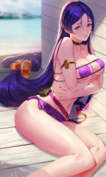 Rule 34 | 1girl, armlet, arms under breasts, bare shoulders, bikini, blush, breasts, choker, cleavage, collarbone, eyepatch bikini, fate/grand order, fate (series), highres, large breasts, long hair, looking at viewer, low-tied long hair, minamoto no raikou (fate), minamoto no raikou (fate/grand order), minamoto no raikou (swimsuit lancer) (fate), navel, parted bangs, parted lips, pouch, purple bikini, purple eyes, purple hair, rope, sansan (dongfangzhong111), sitting, solo, swimsuit, thighs, very long hair