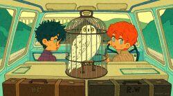 Rule 34 | 2boys, bird, birdcage, blue eyes, cage, car, car interior, checkered clothes, checkered shirt, colored sclera, driving, freckles, green eyes, harry potter, harry potter (series), hedwig, helen jee, highres, looking at animal, looking at viewer, male focus, messy hair, motor vehicle, multiple boys, open mouth, owl, railroad tracks, red hair, ron weasley, shirt, small sweatdrop, suitcase, sweater, turtleneck, turtleneck sweater, wizarding world, yellow sclera