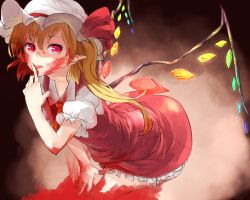 Rule 34 | 1girl, blonde hair, blood, blood on face, female focus, licking finger, flandre scarlet, hat, hat ribbon, highres, ibuki notsu, licking, pointy ears, red eyes, ribbon, side ponytail, solo, tongue, tongue out, touhou, wings