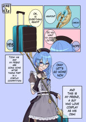 Rule 34 | 1boy, axe, blue background, blue eyes, blue hair, braid, crossdressing, detached sleeves, english text, glasses, highres, holding, holding weapon, hololive, hoshimachi suisei, jaheterbang, maid, side braid, speech bubble, suitcase, trap, weapon