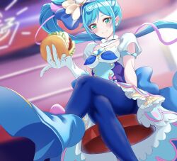 Rule 34 | absurdres, apron, blue eyes, blue footwear, blue hair, blue pantyhose, boots, breasts, brooch, burger, chair, crossed legs, cure spicy, delicious party precure, dress, food, fuwa kokone, gloves, heart, heart brooch, high ponytail, highres, huge bow, jewelry, looking at viewer, magical girl, okayu (joneydcd), pantyhose, precure, puffy short sleeves, puffy sleeves, short sleeves, side ponytail, single hair ring, sitting, small breasts, smile, thighband pantyhose, white gloves
