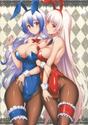Rule 34 | 2girls, alternate costume, animal ears, argyle, argyle background, argyle clothes, arm under breasts, bare arms, bare shoulders, beige background, black neckwear, blue bunny ears, blue hair, blue hairband, blue leotard, blue nails, blunt bangs, blush, breast press, breasts, bridal garter, brooch, brown legwear, cameltoe, checkered background, cleavage, closed mouth, cowboy shot, detached collar, fake animal ears, female focus, fujiwara no mokou, grey background, groin, hair between eyes, hairband, hand up, highres, hijikawa arashi, jewelry, kamishirasawa keine, large breasts, leotard, long hair, looking at viewer, multicolored hair, multiple girls, nail polish, neck, necktie, orange eyes, pantyhose, parted lips, playboy bunny, rabbit ears, red bunny ears, red hairband, red leotard, red neckwear, scan, shiny clothes, shiny skin, silver hair, smile, standing, strapless, strapless leotard, streaked hair, thighs, touhou, very long hair, wing collar, wrist cuffs, yuri