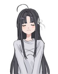 Rule 34 | 1girl, :&lt;, ahoge, articularm, awa subaru, black hair, blush, closed eyes, closed mouth, commentary request, girls band cry, hair ribbon, long hair, long sleeves, parted bangs, ribbon, shirt, sidelocks, simple background, solo, upper body, white background, white ribbon, white shirt