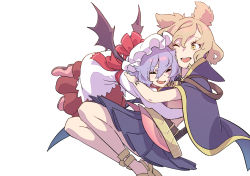 Rule 34 | 2girls, ;d, back bow, bat wings, black skirt, blonde hair, boots, bow, cape, commentary request, dress, closed eyes, fang, feet out of frame, gold trim, hat, hat bow, highres, hug, juliet sleeves, kawayabug, long sleeves, looking at another, mob cap, multiple girls, one eye closed, open mouth, pink footwear, pleated skirt, pointy hair, puffy sleeves, purple hair, red bow, remilia scarlet, short hair, simple background, sitting, skin fang, skirt, smile, teeth, touhou, toyosatomimi no miko, upper teeth only, white background, white dress, wings, yokozuwari, yuri