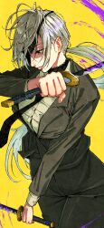 Rule 34 | 1girl, absurdres, black choker, black eyes, black jacket, black necktie, black pants, black suit, blood, chainsaw man, choker, collared shirt, commentary, cowboy shot, dual wielding, erupusai2, expressionless, eyepatch, formal, from above, grey hair, highres, holding, holding sword, holding weapon, jacket, katana, lace-trimmed choker, lace trim, long hair, low ponytail, necktie, one eye covered, pants, purple blood, quanxi (chainsaw man), shirt, simple background, solo, stylized blood, suit, sword, weapon, white shirt, yellow background