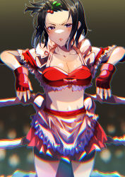 Rule 34 | 1girl, absurdres, akiba maid sensou, apron, bike shorts, black hair, blush, boxing ring, breasts, chromatic aberration, cleavage, cruzango0510, fingerless gloves, forehead, frilled apron, frills, gloves, hair ornament, hairclip, highres, lips, lipstick, looking at viewer, maid, makeup, mannen ranko, medium breasts, navel, purple eyes, red gloves, red lips, red skirt, short hair, shorts, shorts under skirt, skirt, solo, waist apron, white apron