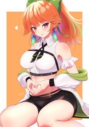 Rule 34 | 1girl, bike shorts, blush, breasts, earrings, feathers, feweryen, hair ribbon, hands on own stomach, heart, heart hands, highres, hololive, hololive english, jacket, jewelry, large breasts, legs, long hair, looking at viewer, multicolored hair, navel, off-shoulder shirt, off shoulder, orange hair, ponytail, purple eyes, ribbon, shirt, smile, solo, takanashi kiara, thick thighs, thighs, tongue, tongue out, uterus pose, virtual youtuber, yonic symbol