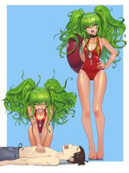 Rule 34 | 1boy, 1girl, :o, absurdres, bare legs, barefoot, big hair, blue background, border, breasts, casual one-piece swimsuit, choker, cleavage, commentary, cpr, crying, english commentary, full body, girls&#039; frontline, green hair, hand on own hip, highres, kneeling, lifeguard, long hair, long legs, lying, m950a (girls&#039; frontline), medium breasts, o o, on back, one-piece swimsuit, one-piece tan, red one-piece swimsuit, romana, simple background, solo focus, standing, swimsuit, tan, tanline, tanline peek, thigh gap, twintails, wavy hair, whistle, whistle around neck, white border, yellow eyes