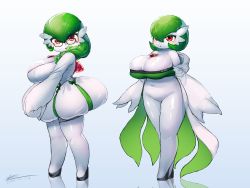 Rule 34 | 1girl, absurdres, blush, bob cut, bottomless, breasts, colored skin, creatures (company), dated, game freak, gardevoir, gen 3 pokemon, glasses, gloves, hair between eyes, high heels, highres, looking at viewer, multiple views, navel, nintendo, no nose, open mouth, pokemon, pokemon (creature), red eyes, short hair, shortstack, skindentation, standing, tajyador, thick arms, thick thighs, thigh strap, thighs, underbust, white gloves, white skin