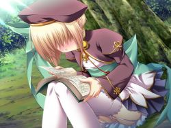 Rule 34 | 00s, 1girl, against tree, bell, beret, black hat, blonde hair, blush, book, covered eyes, day, embarrassed, flat chest, game cg, garter straps, hat, koihime musou, lace, lace-trimmed legwear, lace trim, legs together, miniskirt, open book, outdoors, pink eyes, reading, shokatsuryou, sitting, skirt, solo, thighhighs, tree, white thighhighs