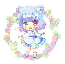 Rule 34 | 1girl, :d, blue dress, blue eyes, blue flower, blue footwear, blue hair, blush, chibi, commentary request, commission, double bun, dress, floral background, flower, frilled dress, frills, full body, gradient hair, hair bun, hair flower, hair ornament, heterochromia, kou hiyoyo, long sleeves, looking at viewer, lowres, multicolored hair, open mouth, original, pink flower, puffy long sleeves, puffy sleeves, purple hair, red eyes, smile, socks, solo, standing, white background, white flower, white socks, yellow flower