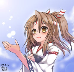 Rule 34 | 1girl, blush, commentary request, cross-laced clothes, dated, detached sleeves, eyelashes, headband, kantai collection, light brown hair, long hair, long sleeves, looking up, mashiro yukiya, open mouth, outstretched hand, raised eyebrows, signature, solo, striped headband, upper body, white headband, wide sleeves, yellow eyes, zuihou (kancolle)