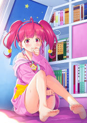 Rule 34 | 1girl, ahoge, barefoot, blue hairband, blunt bangs, blush, book, commentary request, covering own mouth, feet, foreshortening, hairband, highres, hoshina hikaru, jewelry, kazuma muramasa, legs, library, long sleeves, looking at viewer, no panties, off shoulder, pendant, pink eyes, pink hair, precure, short hair, signature, sitting, soles, solo, star twinkle precure, sweat, toes, twintails