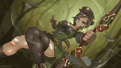 Rule 34 | black shirt, black thighhighs, blouse, bow (weapon), green background, green theme, heterochromia, highres, holding, holding bow (weapon), holding weapon, maplestory, maplestory 2, mole, mole under eye, shirt, solo, tagme, thighhighs, weapon