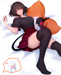 Rule 34 | 2girls, absurdres, bare shoulders, bed sheet, black hair, black legwear, black nails, black shirt, blush, blush stickers, bracelet, breasts, character doll, collarbone, demon tail, halo, hand up, heart, highres, jewelry, knee up, looking at viewer, lying, medium breasts, multiple girls, nail polish, notice lines, off-shoulder shirt, off shoulder, on back, open mouth, original, pillow, pleated skirt, red eyes, red skirt, shimmer, shirt, shirt tucked in, short hair, short sleeves, skirt, solo focus, spoken character, tail, thighhighs