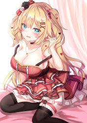 Rule 34 | 1girl, akai haato, akai haato (gothic lolita), armpits, bare arms, bare shoulders, black choker, black thighhighs, blonde hair, blue eyes, breasts, choker, cleavage, collarbone, dress, frilled dress, frills, garter straps, hair ornament, hairclip, hand up, highres, hololive, jewelry, large breasts, long hair, looking at viewer, necklace, red dress, sitting, sleeveless, sleeveless dress, solo, strap slip, thigh strap, thighhighs, very long hair, virtual youtuber, x hair ornament, yuano, zettai ryouiki