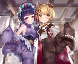 Rule 34 | 2girls, absurdres, animal ears, armpit crease, bare shoulders, blunt bangs, blurry, blurry background, blush, bodysuit, braid, breasts, brown bodysuit, cleavage cutout, cleft of venus, clothing cutout, covered navel, covered nipples, feet, foot up, genshin impact, gold trim, granblue fantasy, hair ornament, highres, indoors, legs, long hair, looking at viewer, mashiropp, medium breasts, multiple girls, no shoes, pantyhose, purple bodysuit, purple hair, pussy, pussy juice, pussy juice stain, pussy juice trail, red eyes, sash, see-through bodysuit, short hair, small breasts, smell, soles, standing, standing on one leg, steaming body, thighband pantyhose, toes, vajra (granblue fantasy), yellow eyes, yun jin (genshin impact)