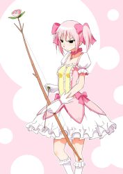 Rule 34 | 1girl, angry, arrow (projectile), black eyes, blush, bow, bow (weapon), bubble skirt, choker, cosplay, dress, embarrassed, flat chest, flower, frills, genshiken, gloves, hair bow, kaname madoka, kaname madoka (cosplay), kneehighs, magical girl, mahou shoujo madoka magica, mahou shoujo madoka magica (anime), ogiue chika, pink hair, puffy short sleeves, puffy sleeves, rose, short sleeves, short twintails, skirt, socks, solo, soul gem, sweatdrop, twintails, weapon, yomoyama akira